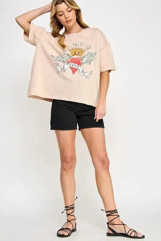 SAGE+FIG Love-Inspired Graphic Oversized T-Shirt for Women - Love Salve